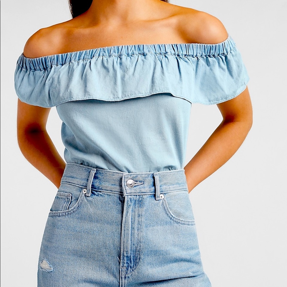 Denim off the shoulder ruffle top